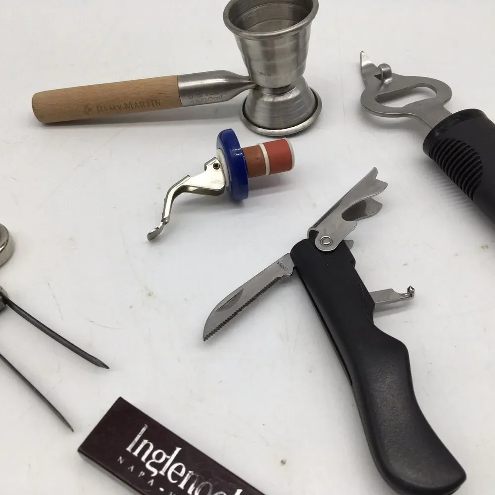 Vintage Lot Bartender Bar Utensils Bottle Opener Cork Puller Jigger Bottle Stop